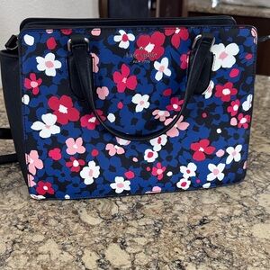 EUC Kate Spade Navy Floral Satchel with Pink, Red & White Flowers SUPER CUTE